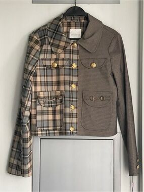 NWT AVEC LES FILLES Two-Tone Plaid & Houndstooth Patchwork Jacket in Brown & Tan
